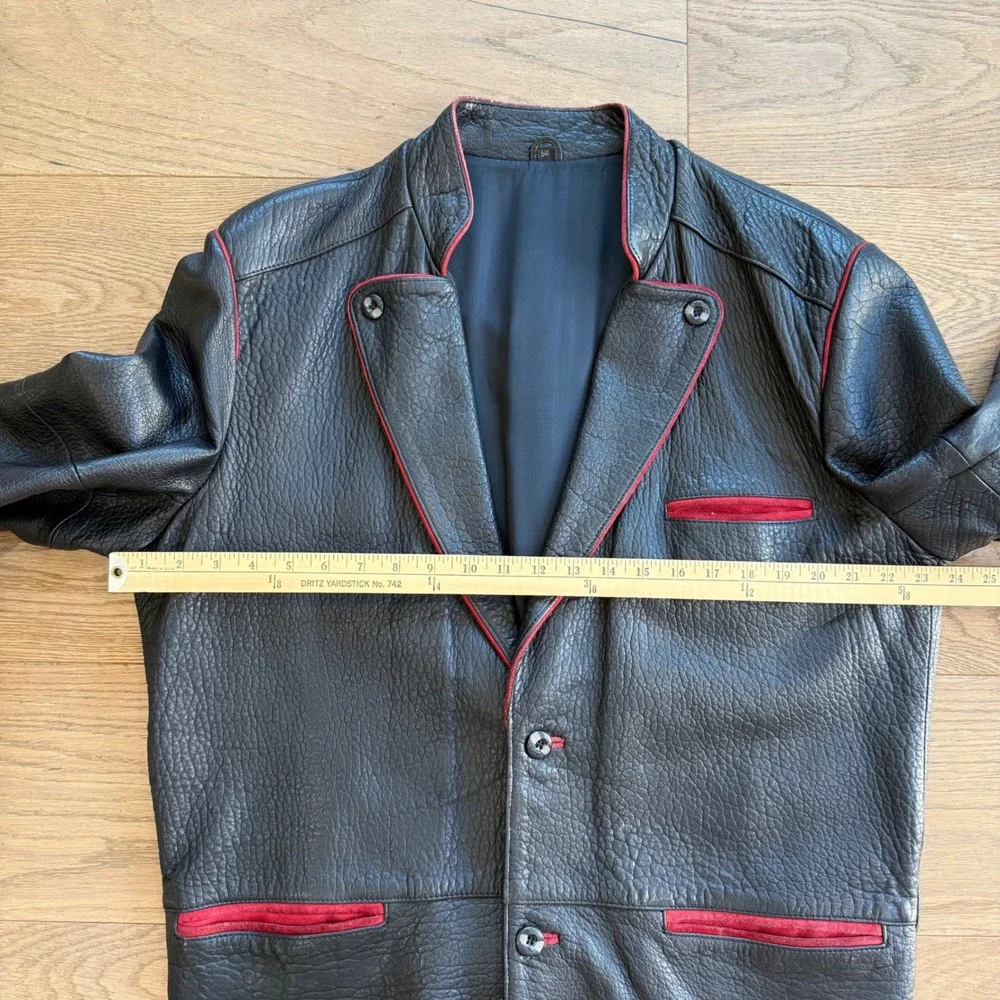 Vintage Mens Black Leather Blazer Jacket Red Trim Western Style‎ Size 50